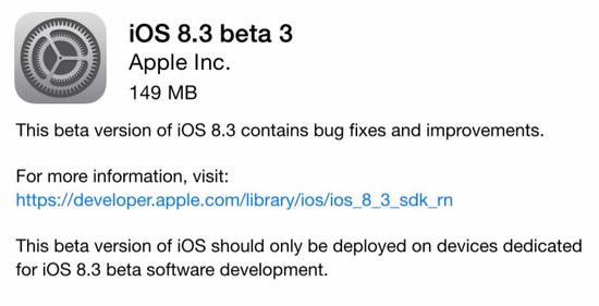 苹果发布开发者预览版iOS 8.3 beta 3系统