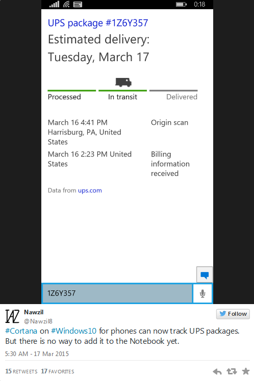 Win10手机版语音助手可追踪UPS包裹运送