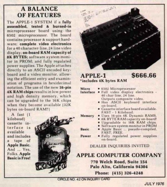 介绍苹果Apple-1<a href=/pc/ target=_blank class=infotextkey>电脑</a>，该电脑定价666.66美元，1976年7月发布。