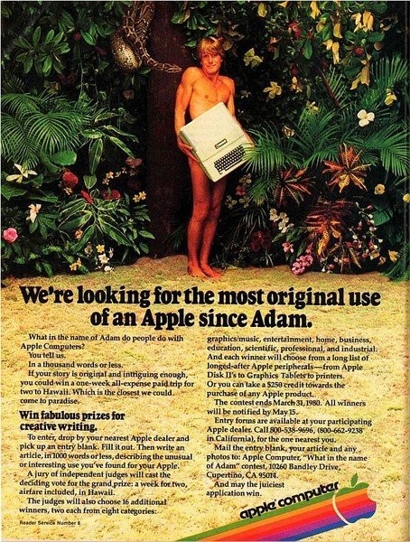 亚当抱着苹果电脑遮挡私处。Apple II电脑广告，1979年发布。