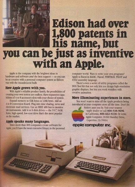 伟大的发明家托马斯・爱迪生（Thomas Edison）出现在苹果电脑广告中。苹果电脑广告，1981年发布