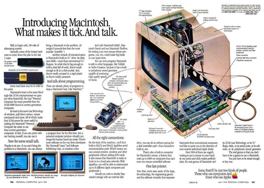 介绍Mac电脑。Mac电脑广告，1984年4月发布。