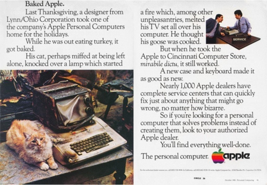 苹果电脑烧焦了还能使用。AppleII电脑广告，1981年发布。
