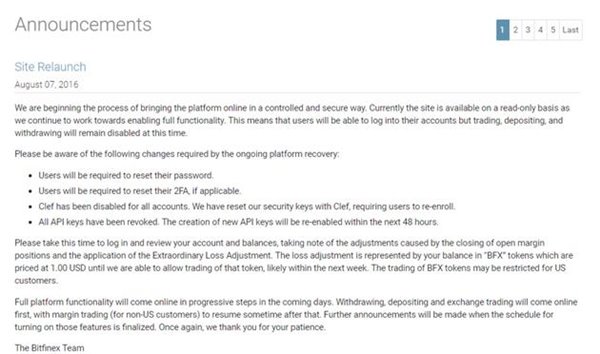 比特币平台Bitfinex两日内恢复：客户平摊7200万美元损失