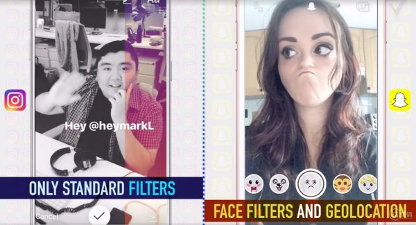 Instagram Stories仅支持标准滤镜，而Snapchat Stories则支持实时脸部特效