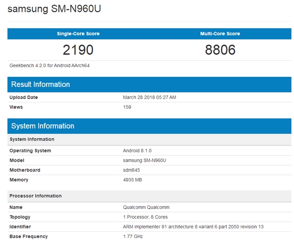 骁龙845+<a href=/mobile/android/ target=_blank class=infotextkey>安卓</a>8.1：三星Galaxy Note9现身Geekbench