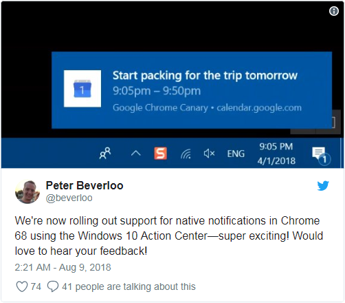 Chrome 68已支持Windows 10原生通知功能 可遵从行动中心的设置