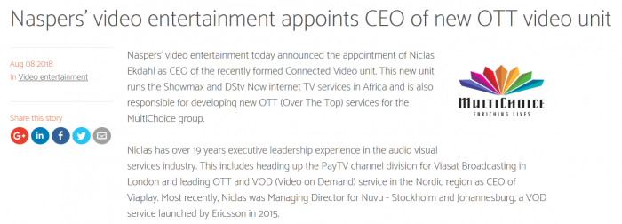 腾讯大股东Naspers成立OTT视频部门 迎战Netflix